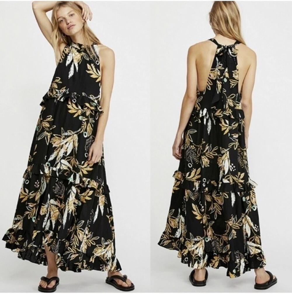FREE PEOPLE ANITA PRINTED MAXI DRESS Tiered Leaf Print Size M $128 Black Read